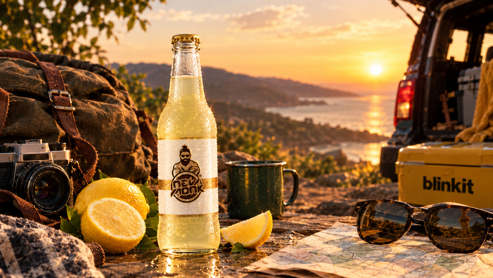 New Monk bottle being poured beside a glass of lemon soda