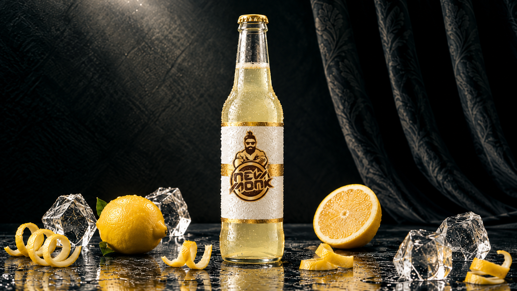 New Monk lemon craft soda bottle surrounded by citrus and ice