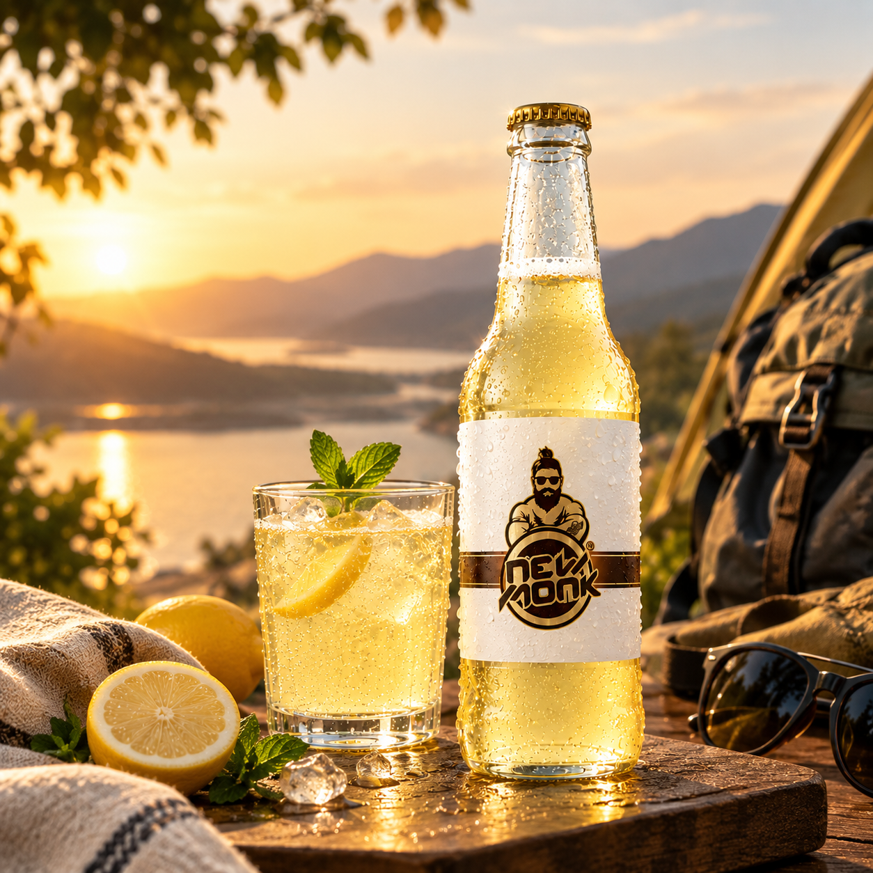 New Monk bottle and glass beside a waterfall and mountains