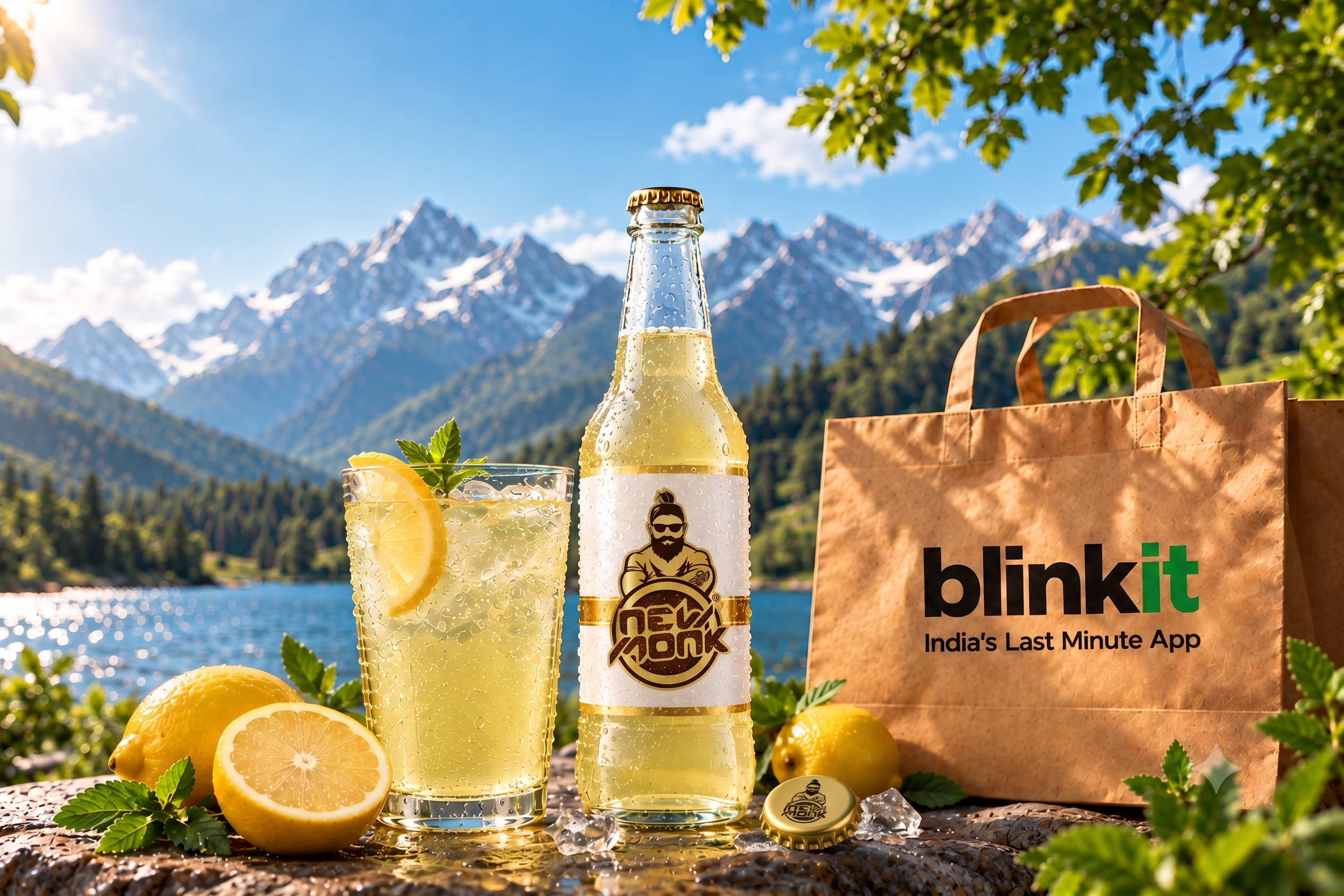 New Monk lemon drink with Blinkit delivery beside a mountain lake